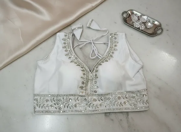 White_Vichitra_Silk_Sleeveless_Embellished_V-Neck_Blouse_For_Women