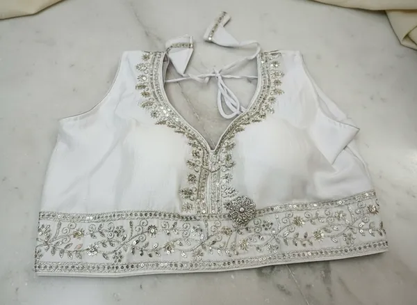 White_Vichitra_Silk_Sleeveless_Embellished_V-Neck_Blouse_For_Women