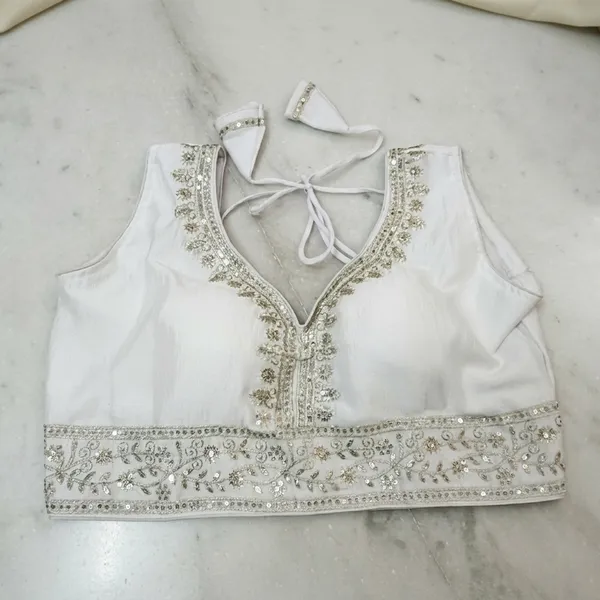 White_Vichitra_Silk_Sleeveless_Embellished_V-Neck_Blouse_For_Women