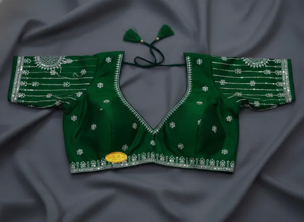 Green_Vichitra_Silk_Silver_Gota_Patti_Embellished_Blouse_For_Women