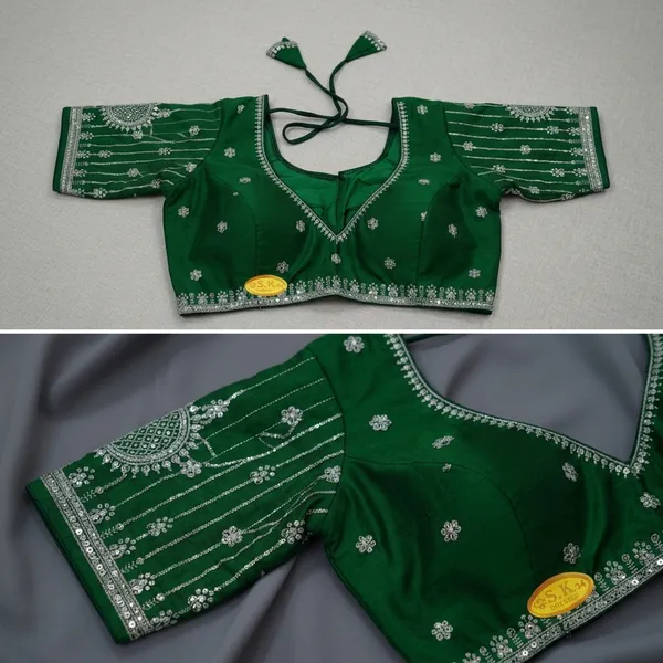 Green_Vichitra_Silk_Silver_Gota_Patti_Embellished_Blouse_For_Women