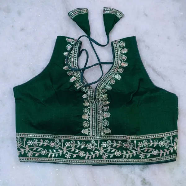 Green_Vichitra_Silk_Sleeveless_Embroidered_Halter_Blouse_For_Women