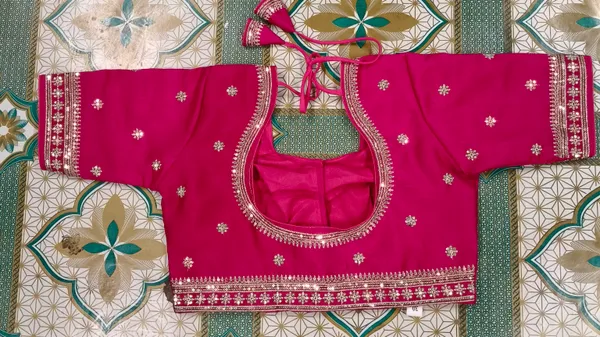 Magenta_Vichitra_Silk_Golden_Embroidered_Deep_Back_Tassel_Blouse_For_Women
