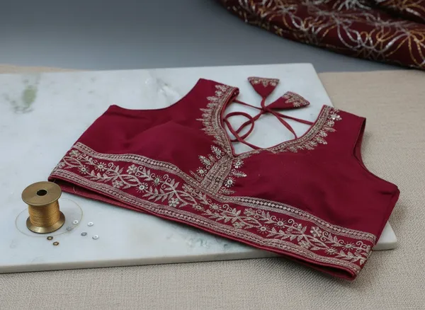 Maroon_Vichitra_Silk_Sleeveless_Silver_Gota_Choli_For_Women