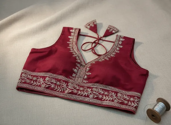 Maroon_Vichitra_Silk_Sleeveless_Silver_Gota_Choli_For_Women