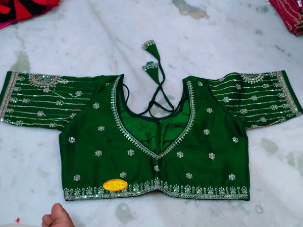 Green_Vichitra_Silk_Silver_Gota_Patti_Embellished_Blouse_For_Women