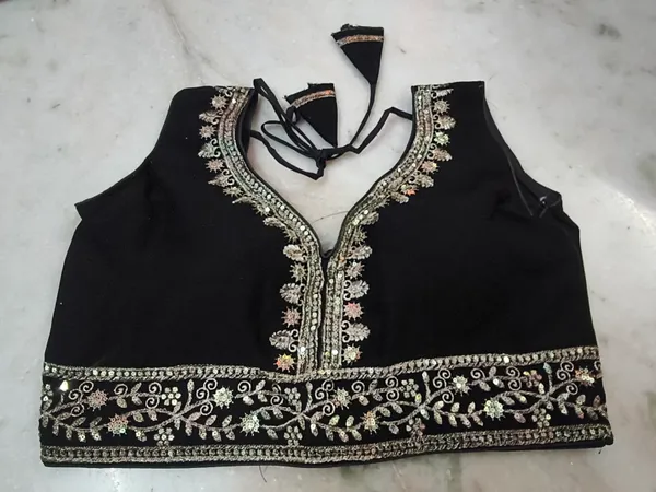 Black_Vichitra_Silk_Sleeveless_Silver_Embroidered_Choli_Blouse_For_Women