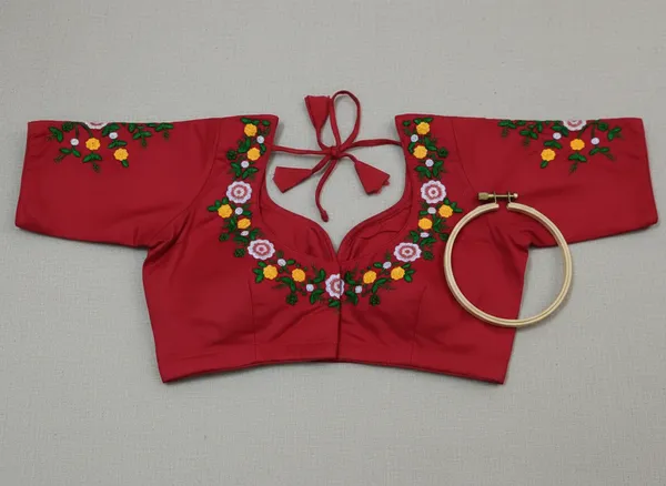 Red_Cotton_Floral_Embroidered_Short_Sleeve_Blouse_For_Women