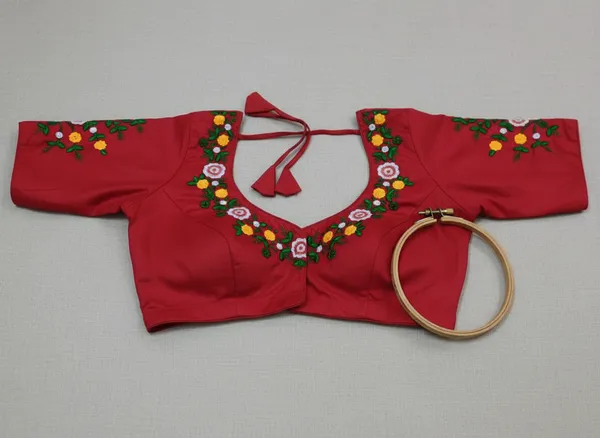 Red_Cotton_Floral_Embroidered_Short_Sleeve_Blouse_For_Women