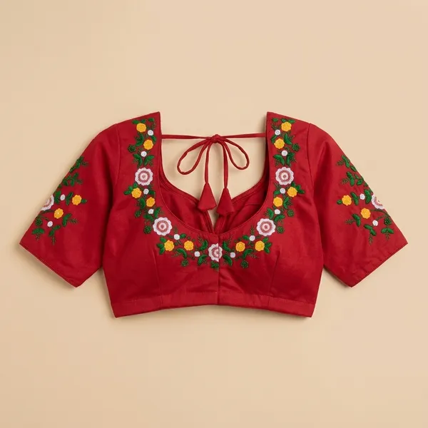 Red_Cotton_Floral_Embroidered_Short_Sleeve_Blouse_For_Women