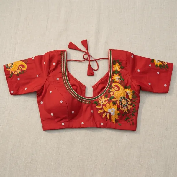 Red_Cotton_Floral_Embroidered_Saree_Blouse_For_Women