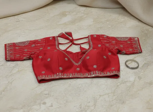 Red_Vichitra_Silk_V-Neck_Embroidered_Blouse_For_Women