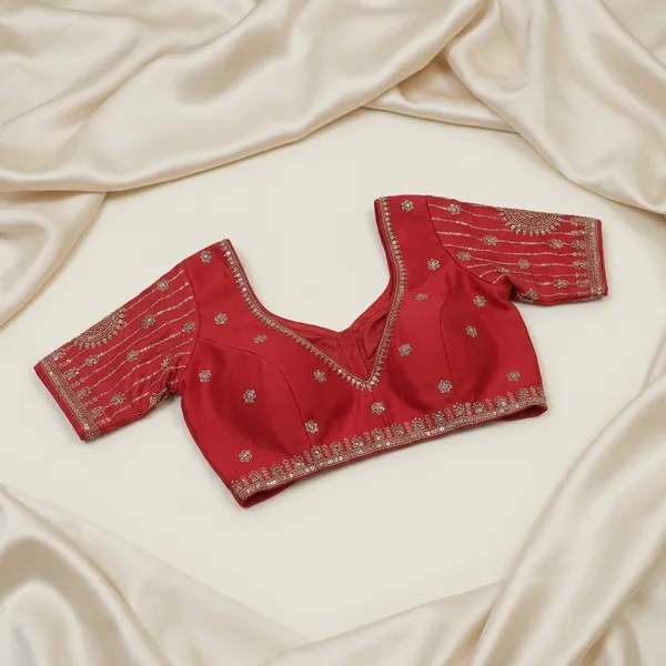 Red_Vichitra_Silk_V-Neck_Embroidered_Blouse_For_Women