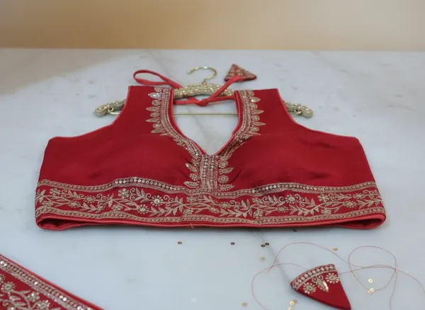 Red_Vichitra_Silk_Embroidered_Halter_Neck_Blouse_For_Women