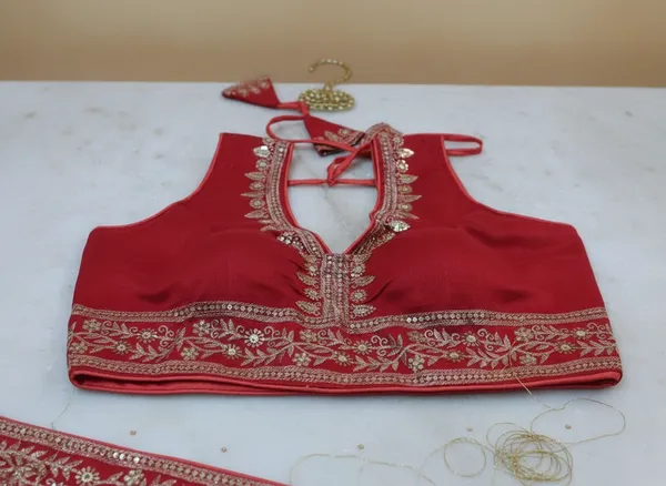 Red_Vichitra_Silk_Embroidered_Halter_Neck_Blouse_For_Women
