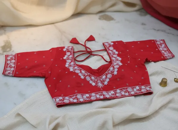 Red_Cotton_Floral_Embroidered_Round_Neck_Blouse_For_Women