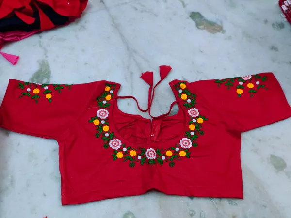 Red_Cotton_Floral_Embroidered_Short_Sleeve_Blouse_For_Women