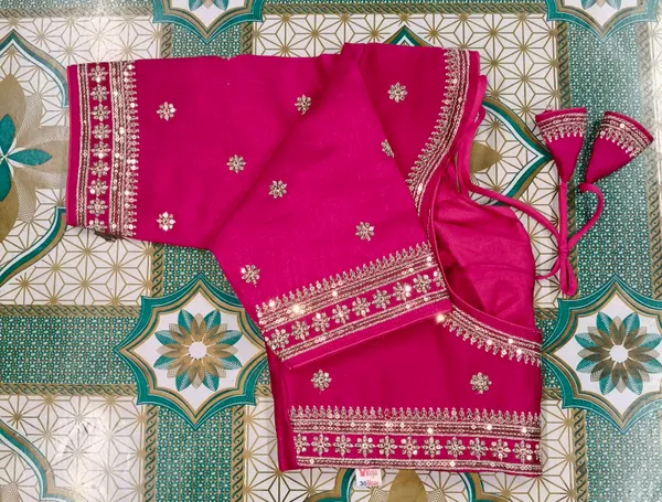 Magenta_Vichitra_Silk_Golden_Embroidered_Deep_Back_Tassel_Blouse_For_Women