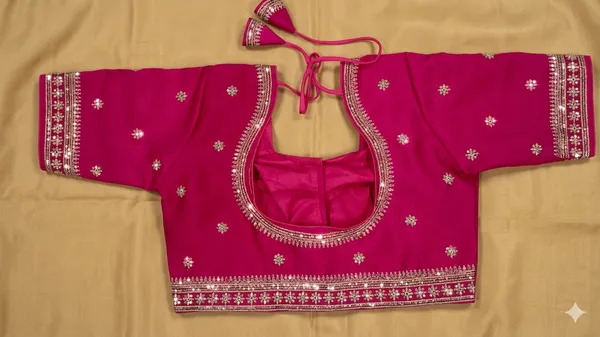 Magenta_Vichitra_Silk_Golden_Embroidered_Deep_Back_Tassel_Blouse_For_Women