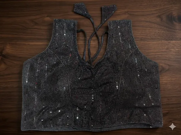 Black_Vichitra_Silk_Sequin_Sleeveless_Halter_Blouse_For_Women