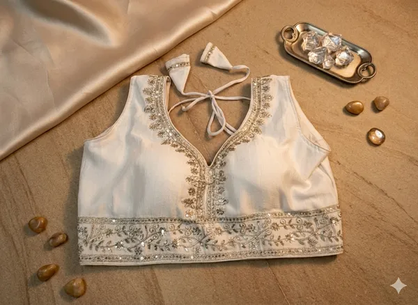 White_Vichitra_Silk_Sleeveless_Embellished_V-Neck_Blouse_For_Women
