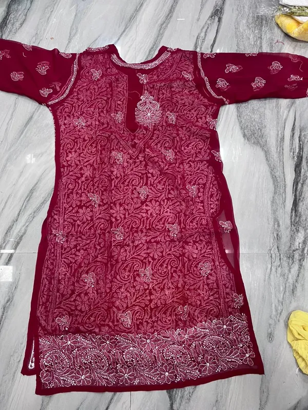 Maroon_Faux_Georgette_Floral_Embroidered_Kurti_For_Girls