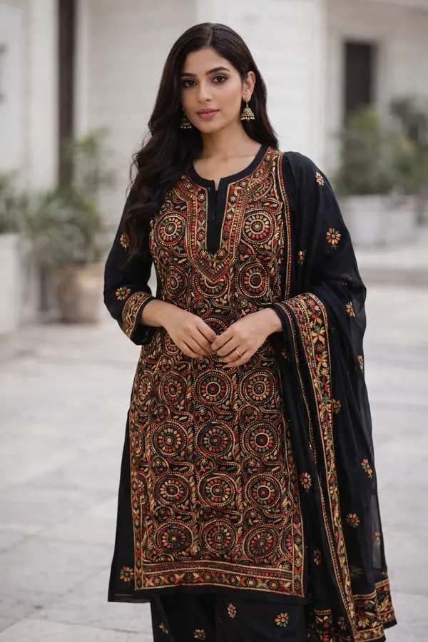 Black_Cotton_Floral_Embroidered_Kurta_Set_For_Women