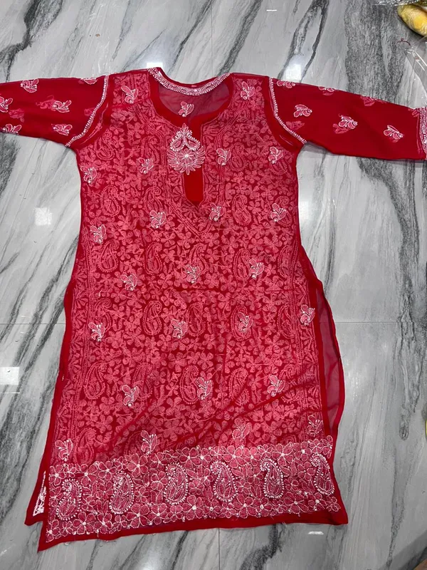 Red_Faux_Georgette_Chikankari_Embroidered_Kurti_For_Women