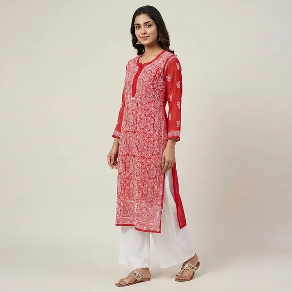 Red_Faux_Georgette_Chikankari_Embroidered_Kurti_For_Women
