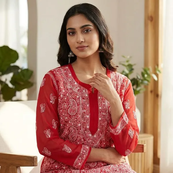 Red_Faux_Georgette_Chikankari_Embroidered_Kurti_For_Women
