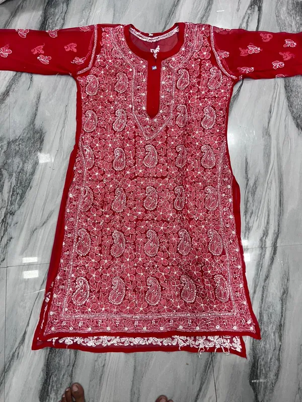 Red_Faux_Georgette_Chikankari_Embroidered_Kurti_For_Women