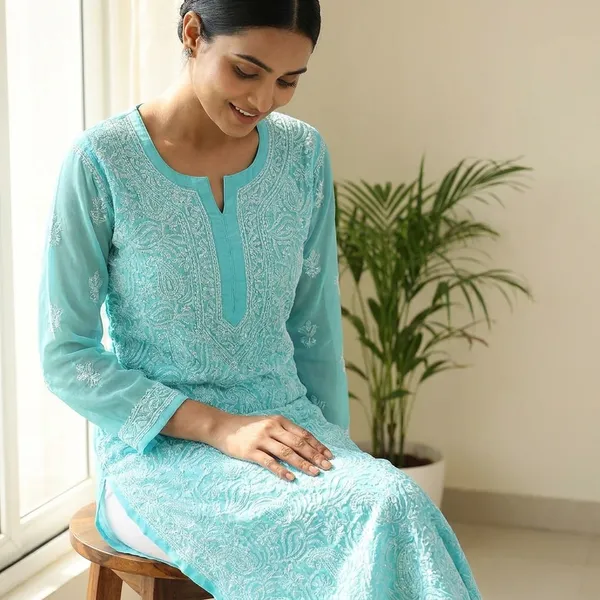 Turquoise_Blue_Faux_Georgette_Chikankari_Embroidered_Kurti_For_Girls