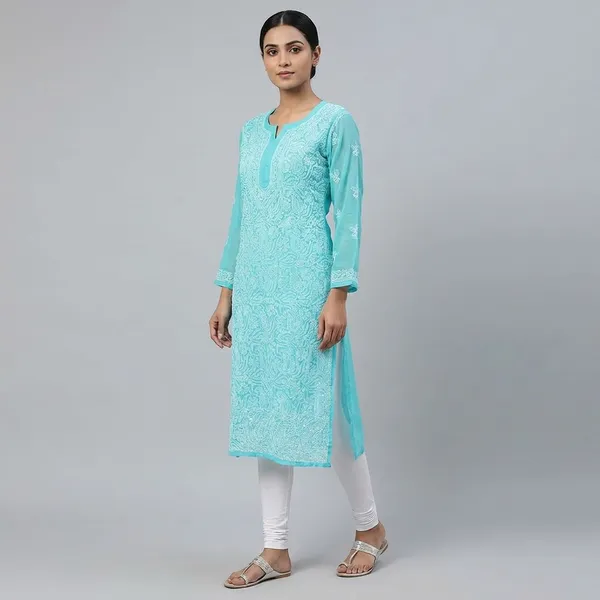 Turquoise_Blue_Faux_Georgette_Chikankari_Embroidered_Kurti_For_Girls