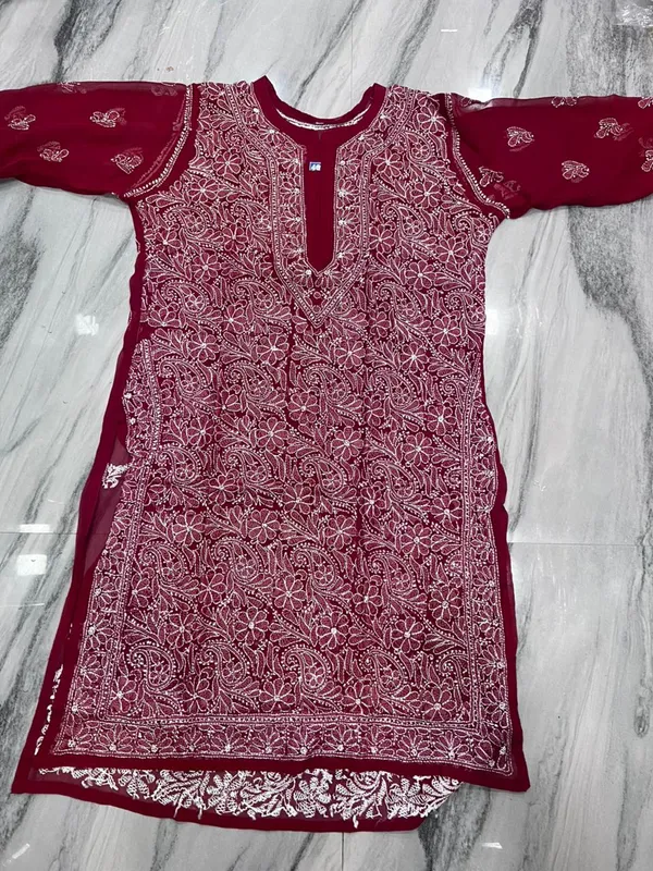 Maroon_Faux_Georgette_Floral_Embroidered_Kurti_For_Girls