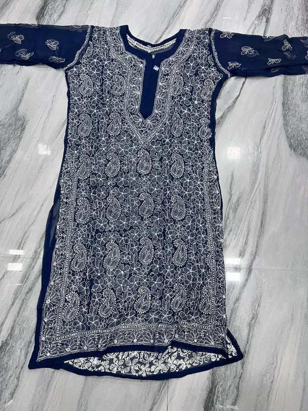 Navy_Blue_Faux_Georgette_Chikankari_Embroidered_Kurti_For_Women