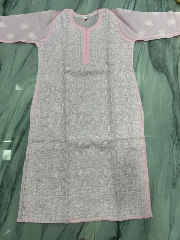 White_Pink_Cotton_Chikankari_Contrast_Piping_Kurti_For_Women