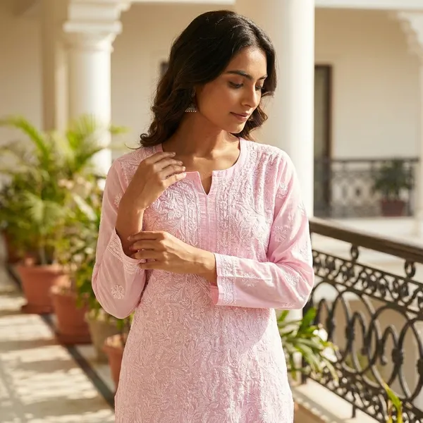 White_Pink_Cotton_Chikankari_Contrast_Piping_Kurti_For_Women