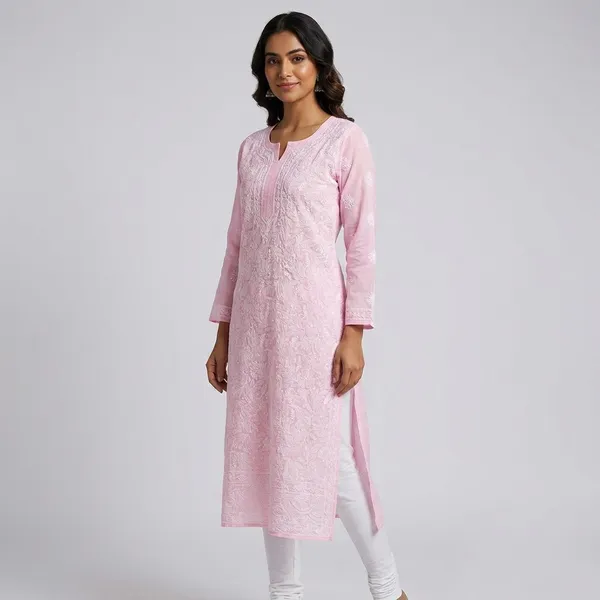 White_Pink_Cotton_Chikankari_Contrast_Piping_Kurti_For_Women