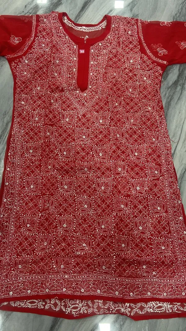 Red_Faux_Georgette_Chikankari_Embroidered_Kurti_For_Women