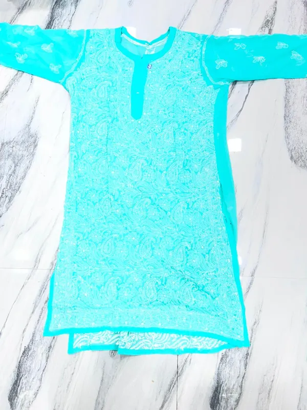 Turquoise_Blue_Faux_Georgette_Chikankari_Embroidered_Kurti_For_Girls