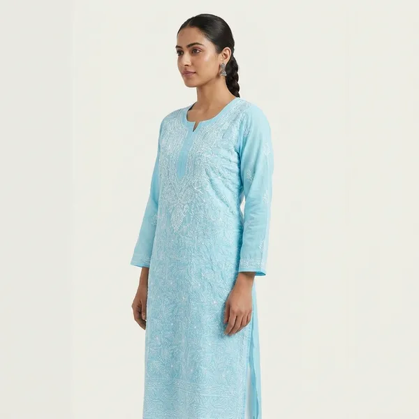 Sky_Blue_Cotton_Chikankari_Embroidered_Kurti_For_Women