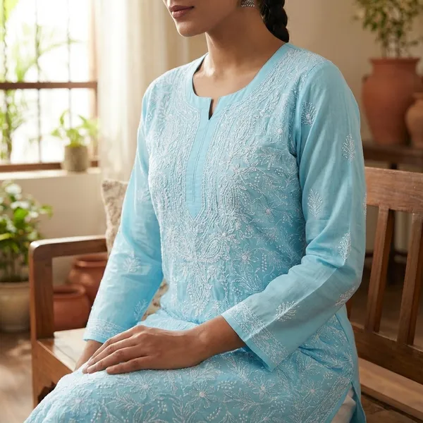 Sky_Blue_Cotton_Chikankari_Embroidered_Kurti_For_Women