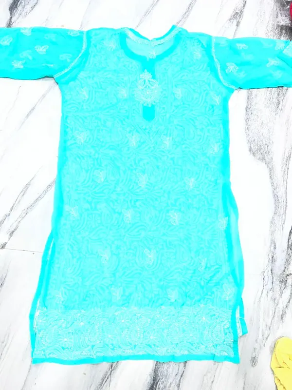 Turquoise_Blue_Faux_Georgette_Chikankari_Embroidered_Kurti_For_Girls