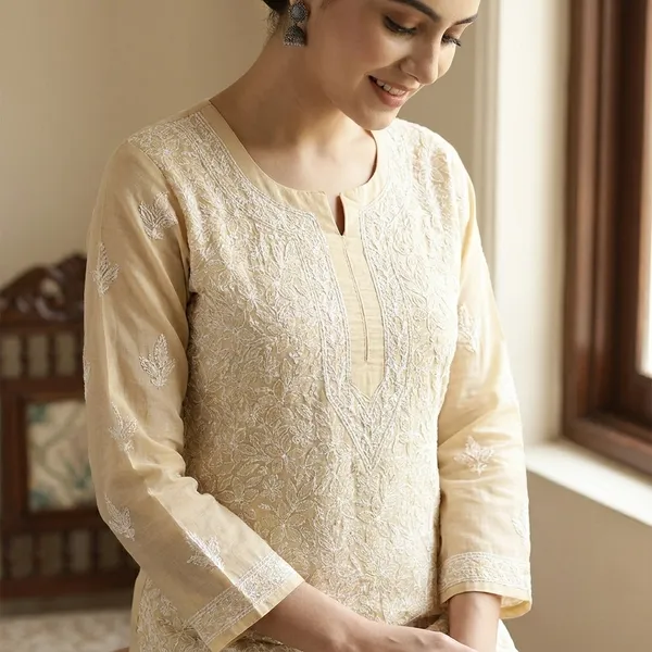 Cream_Cotton_Chikankari_Embroidered_Kurta_For_Men