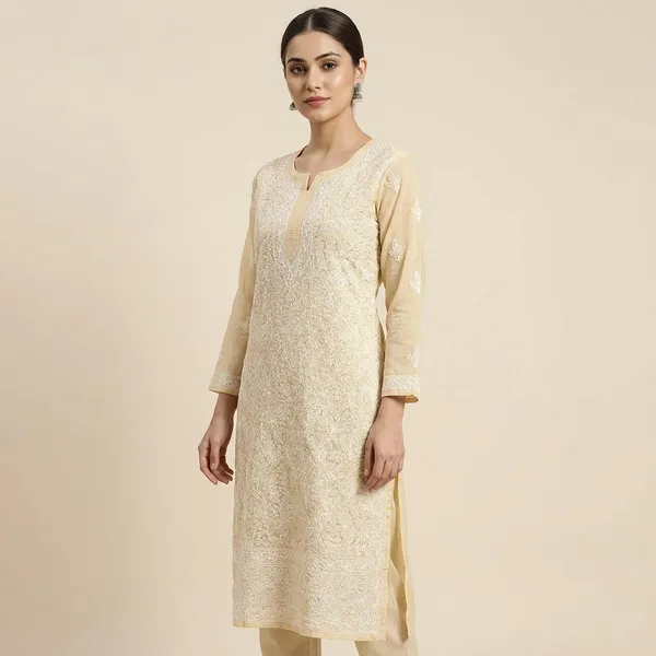 Cream_Cotton_Chikankari_Embroidered_Kurta_For_Men
