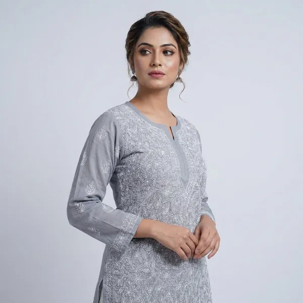 Grey_Faux_Georgette_Chikankari_Embroidered_Kurti_For_Women