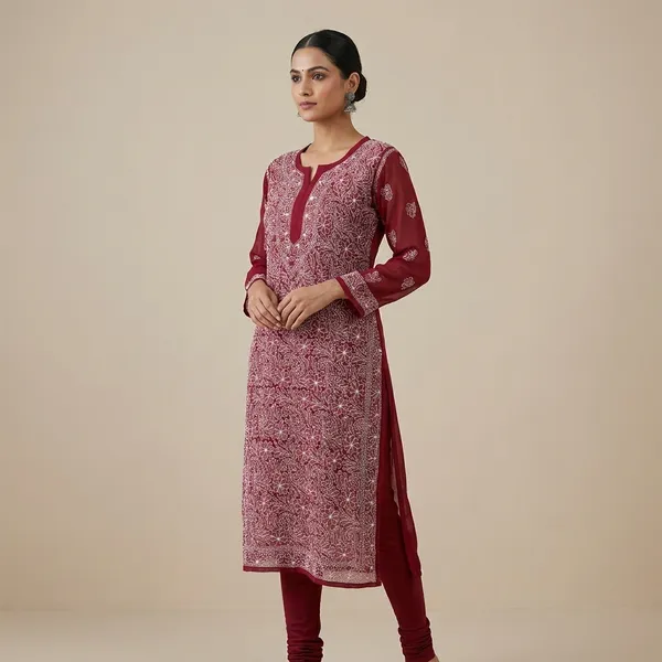 Maroon_Faux_Georgette_Floral_Embroidered_Kurti_For_Girls