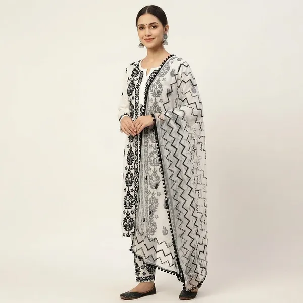 White_Black_Cotton_Contrast_Thread_Embroidered_Kurta_Set_For_Women
