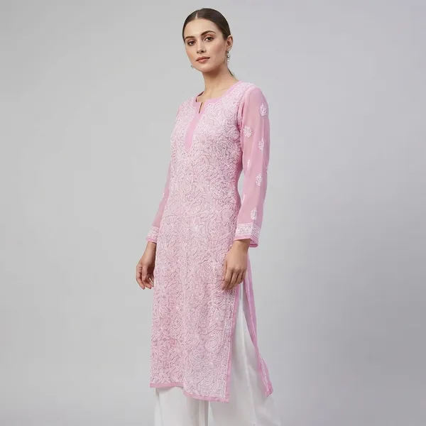 Pink_Faux_Georgette_Embroidered_Sheer_Sleeve_Kurti_For_Women