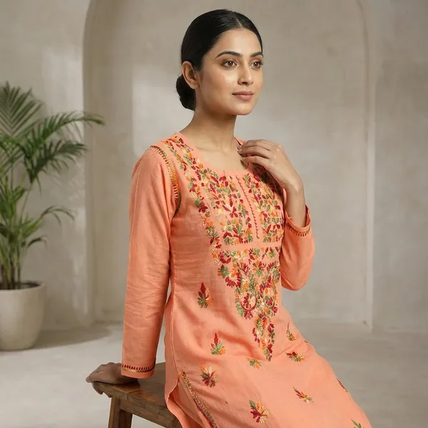Peach_Cotton_Floral_Threadwork_Embroidered_Kurti_For_Women